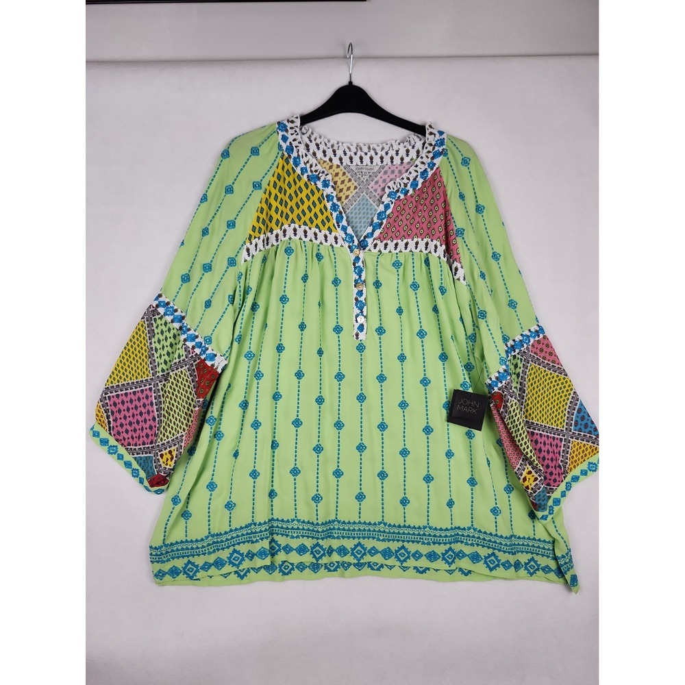 John Mark NWT Blouse Womens 2X Tunic Top Patchwork Boho Embroidered Colorful